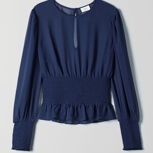 Aritzia Wilfred Ballad Blouse NWT Blue Sheer Chiffon Large Romantic Festival